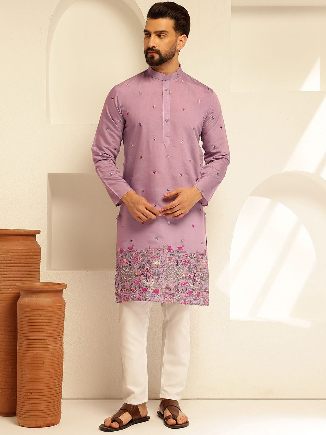 

SOJANYA Floral Embroidered Mandarin Collar Cotton Silk Straight Kurta, Purple