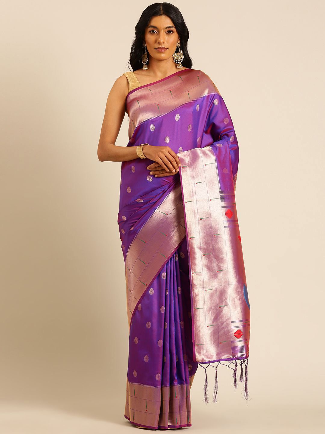

DIVASTRI Woven Design Zari Silk Blend Designer Paithani Saree, Violet