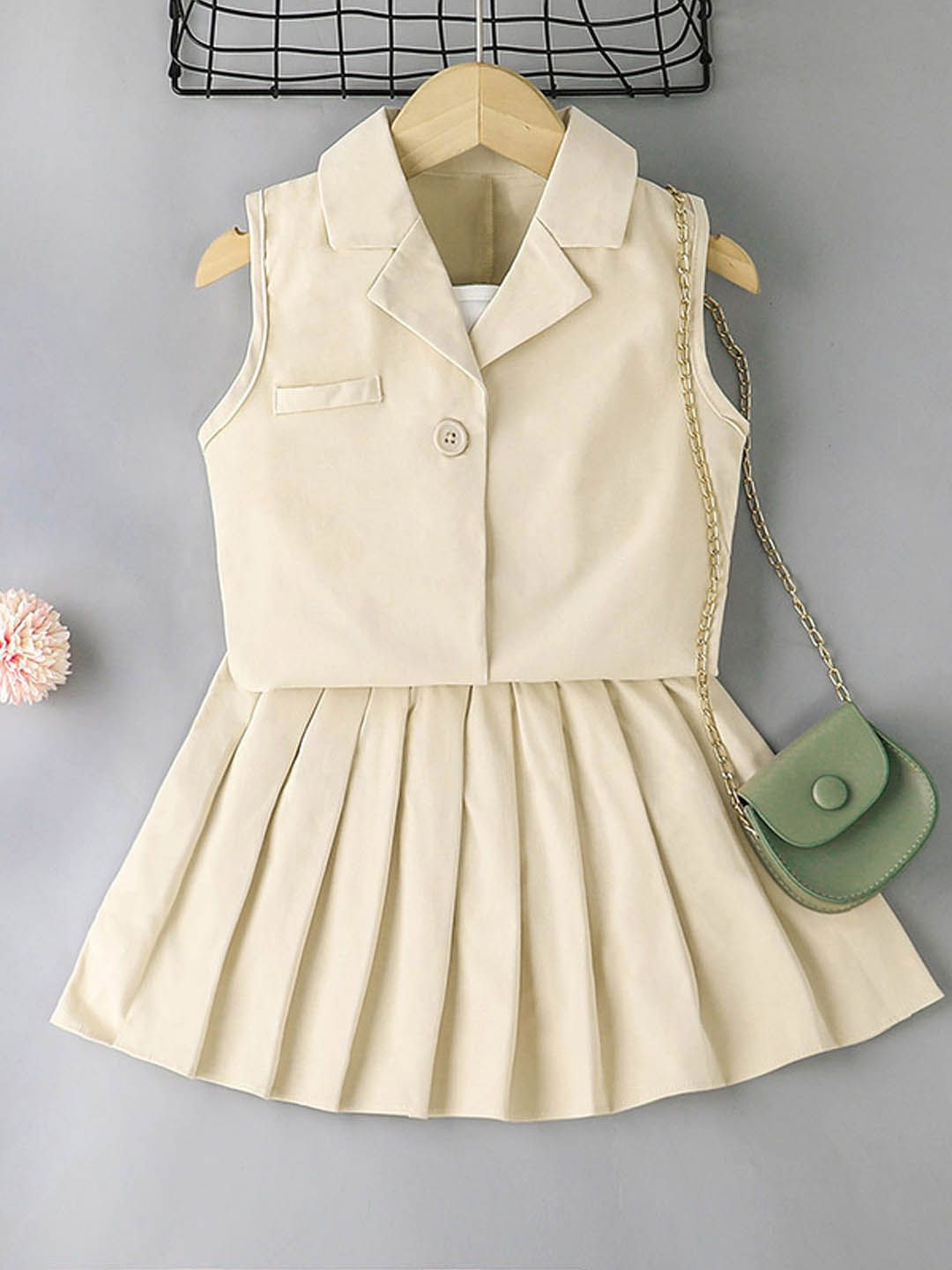 

Xsole Girls Sleeveless Notch Lapel Collar Top With Skirt, Cream