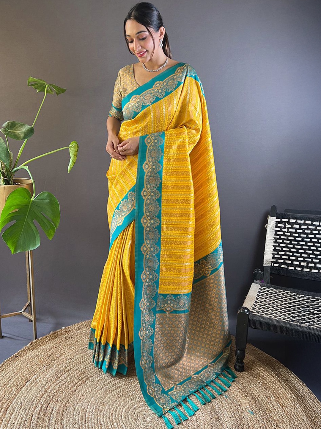 

all about you Woven Design Zari Silk Blend Banarasi Saree, Yellow