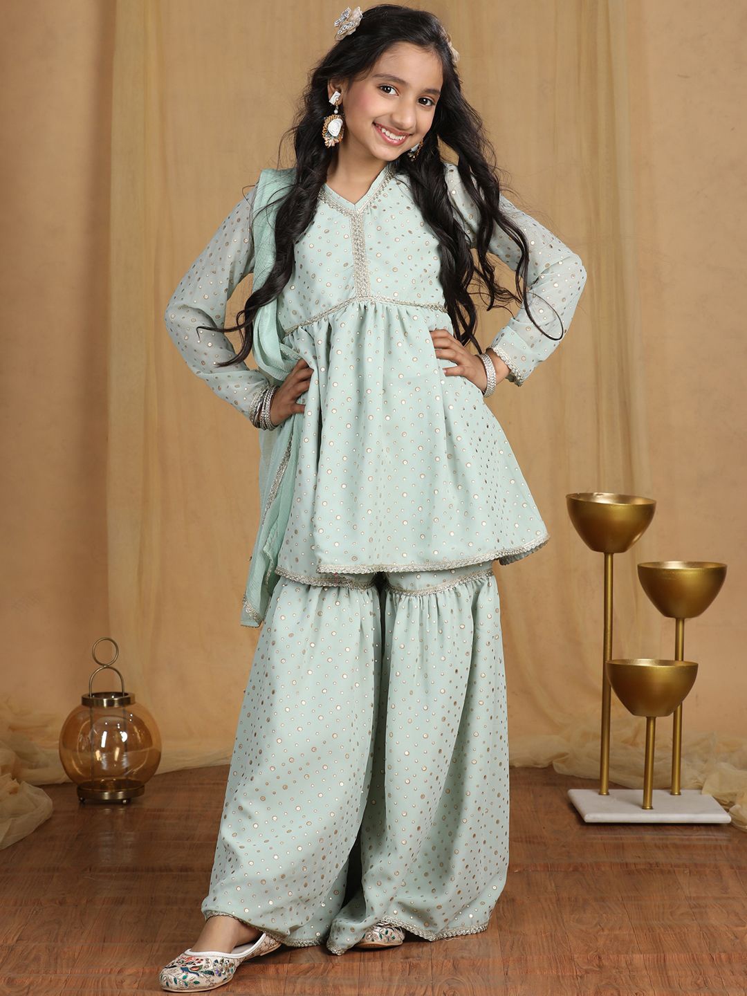 

Cutiekins Girls Ethnic Motifs Empire Gotta Patti Kurta with Sharara & With Dupatta, Green