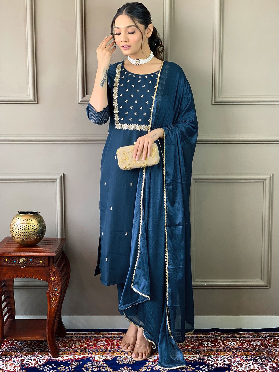 

KOTRONS Women Ethnic Motifs Embroidered Regular Thread Work Kurta with Trousers & With Dupatta, Blue