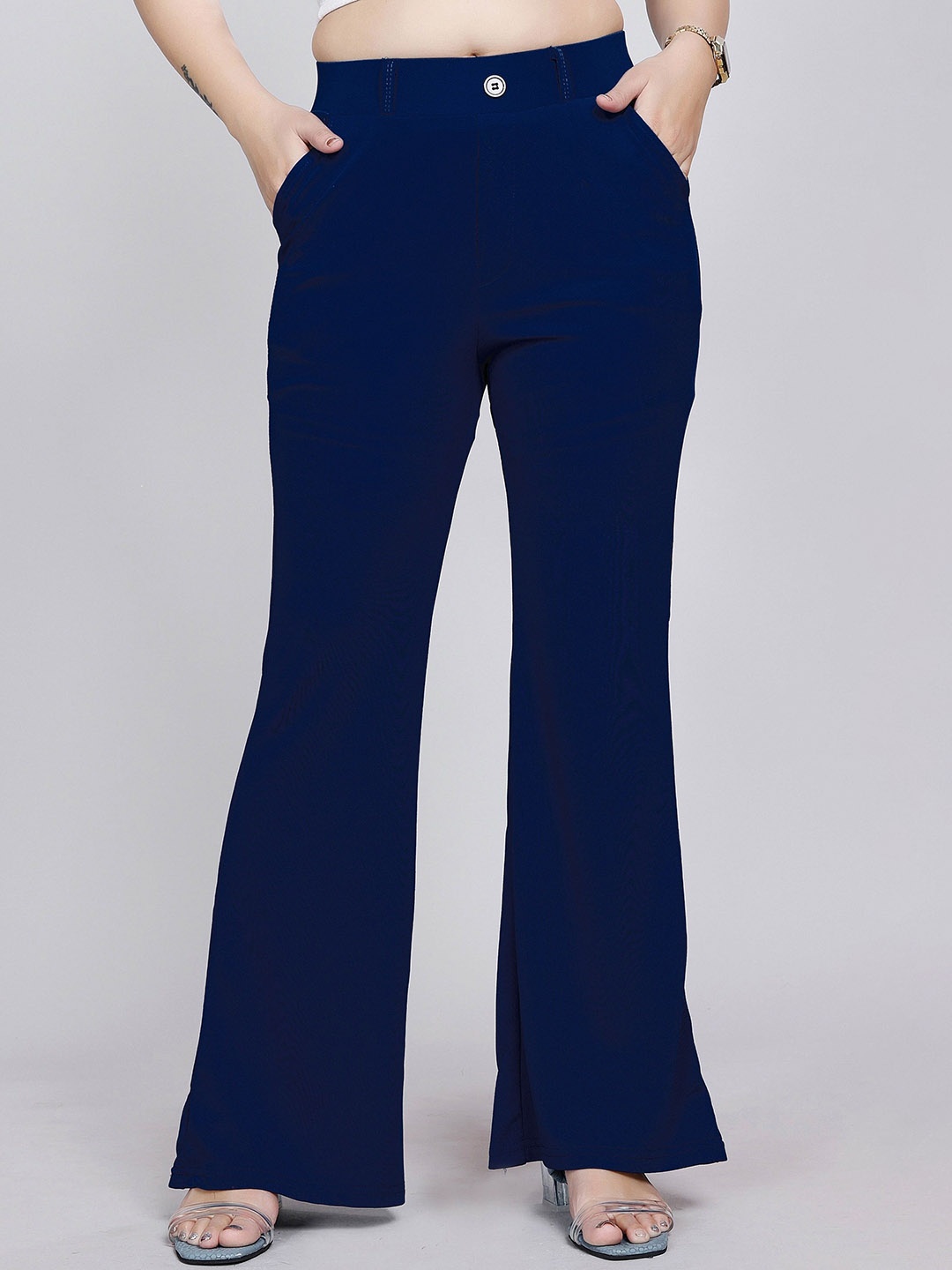 

NUCOUTHS Women Relaxed Straight Leg Straight Fit High-Rise Trousers, Blue