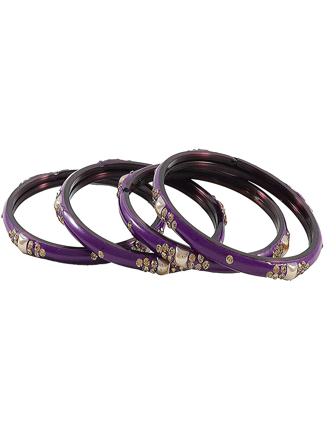 

ZULKA Set Of 4 Glossy Glass With Zircon Gemstone Studded & Beaded Bangles, Purple