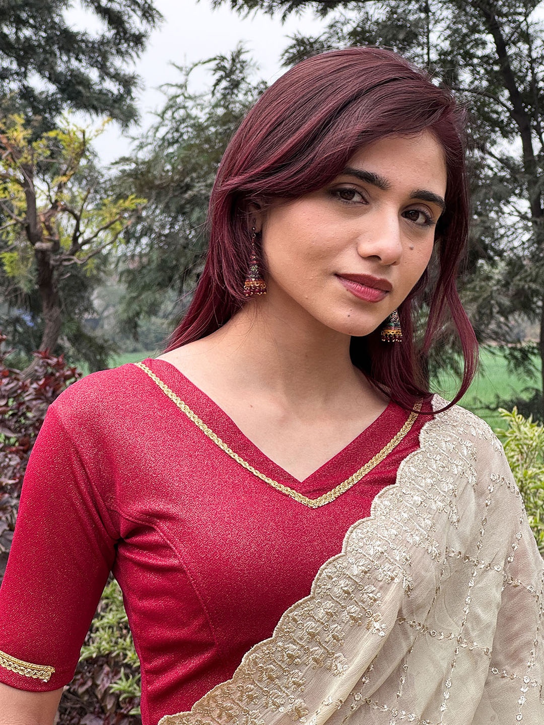 

Bindigasm's Advi Jacquard Embellished Stretchable Saree Blouse, Maroon
