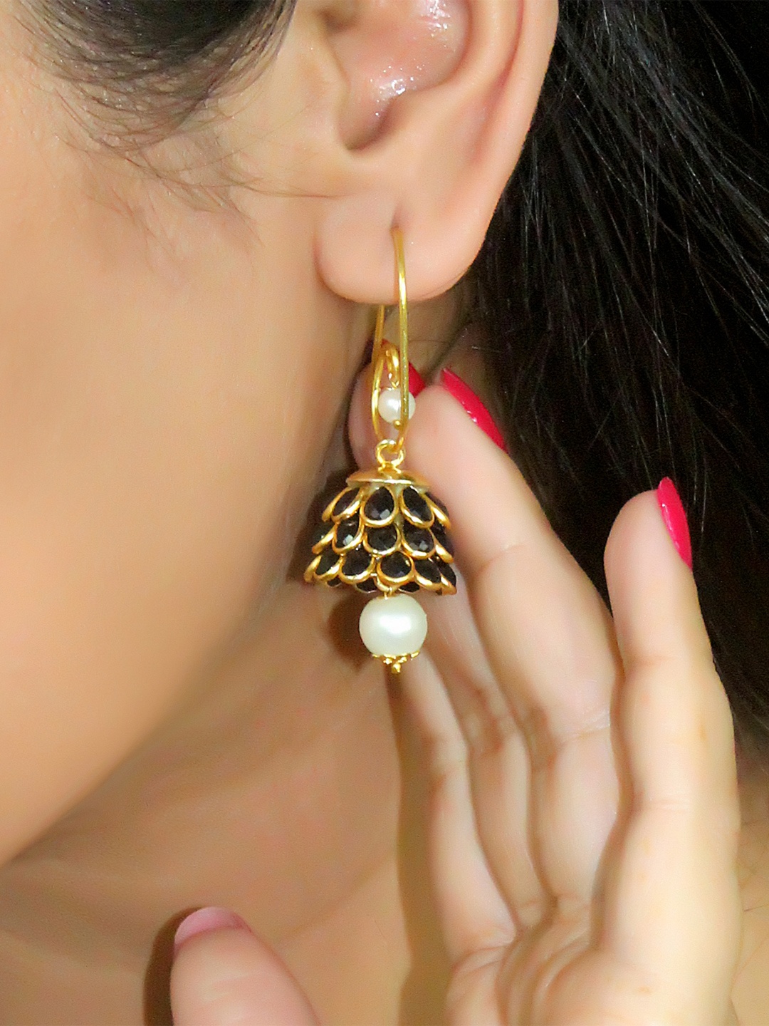 

QUEENS JEWELS Gold Plated Kundan Studded Dome Shaped Jhumkas Earrings, Black