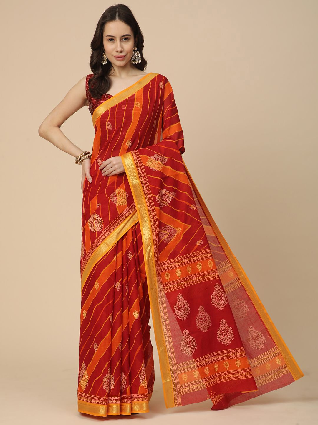 

RATAN Leheriya Zari Pure Cotton Leheriya Saree, Red