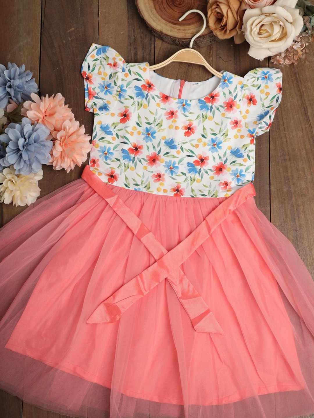 

BAESD Floral Print Flutter Sleeve Net Fit & Flare Dress, Peach