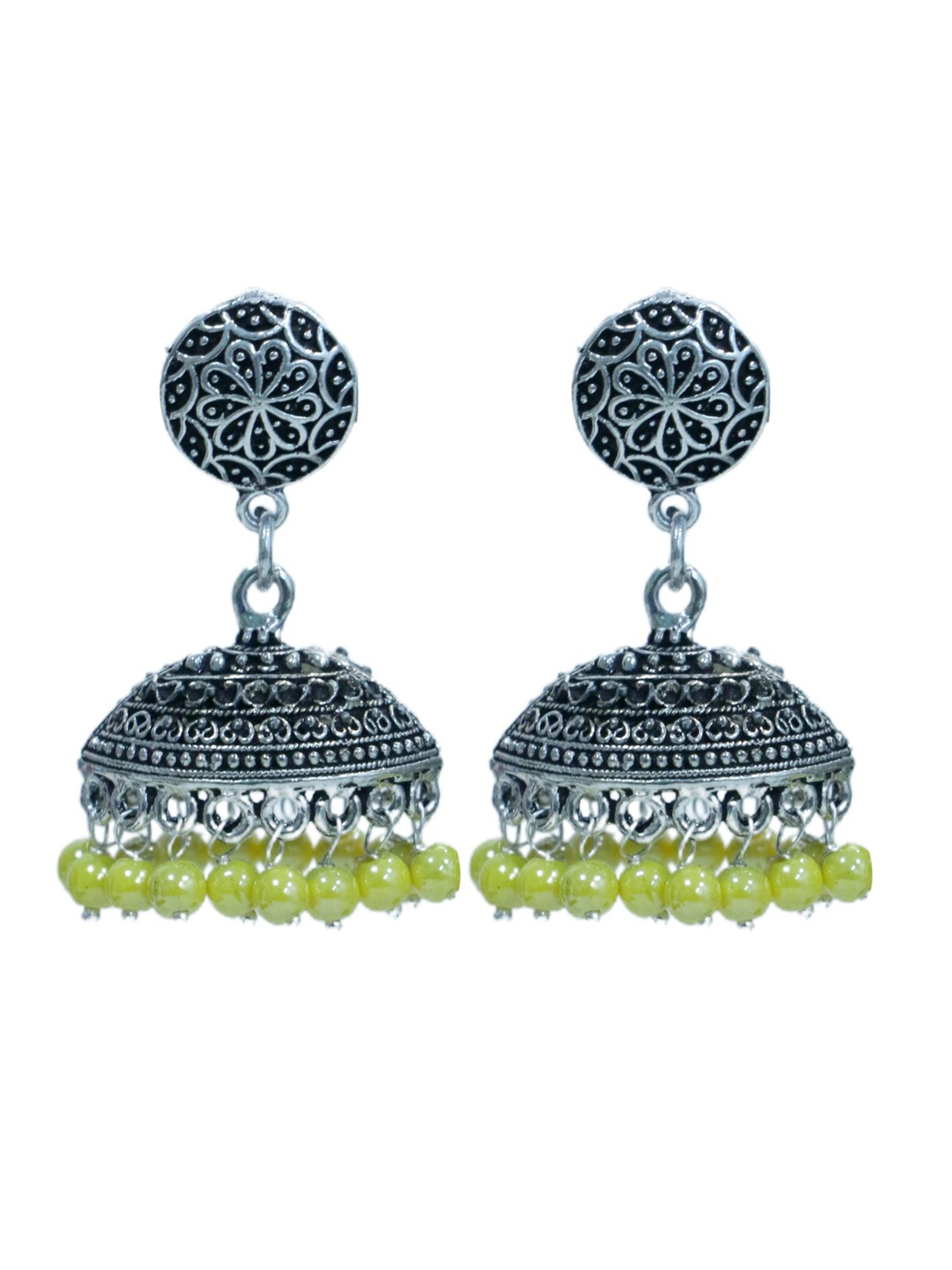 

Abhooshan Silver-Plated Artificial Beaded Oxidised Dome Shaped Jhumkas, Yellow