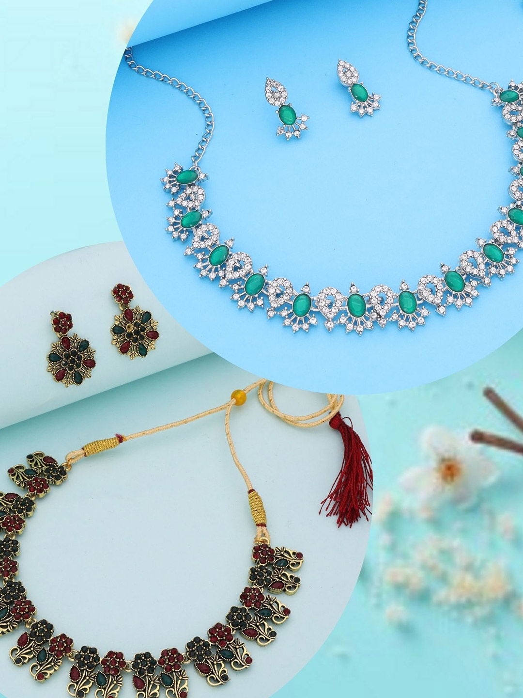 

DIVASTRI Set Of 2 Gold Silver & Plated Stone Studded Jewellery Sets