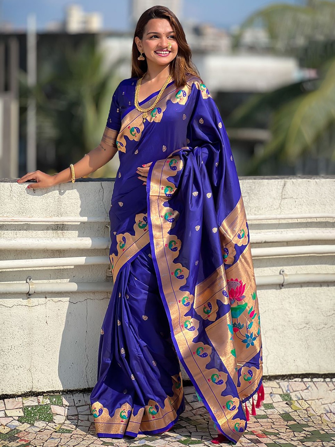 

all about you Woven Design Zari Silk Blend Paithani Saree, Violet