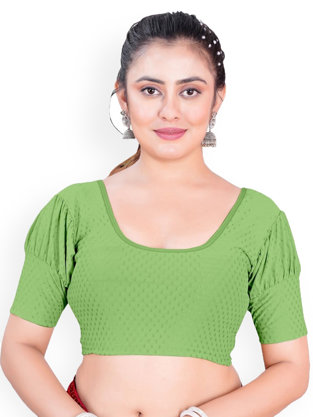 

SS Sanket Synthetics Dobby Textured Stretchable Balloon Saree Blouse, Green