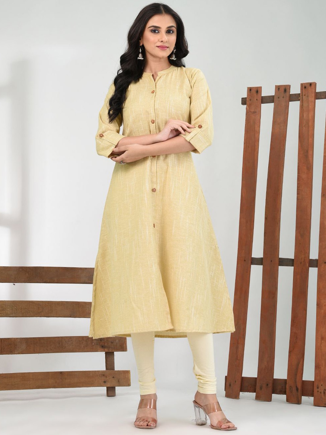 

Charukriti Woven Design Mandarin Collar A-Line Cotton Kurta, Beige