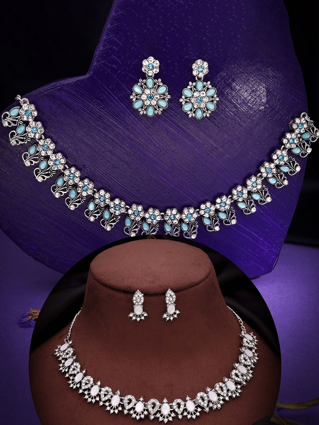 

DIVASTRI Set Of 2 Silver Plated American Diamonds Studded Jewellery Set