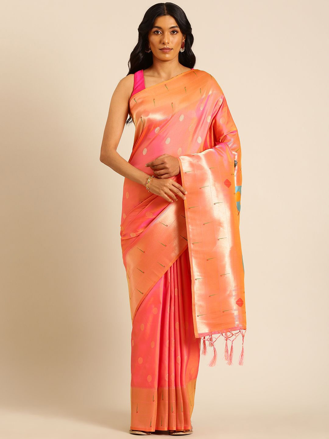 

DIVASTRI Woven Design Zari Silk Blend Designer Paithani Saree, Peach