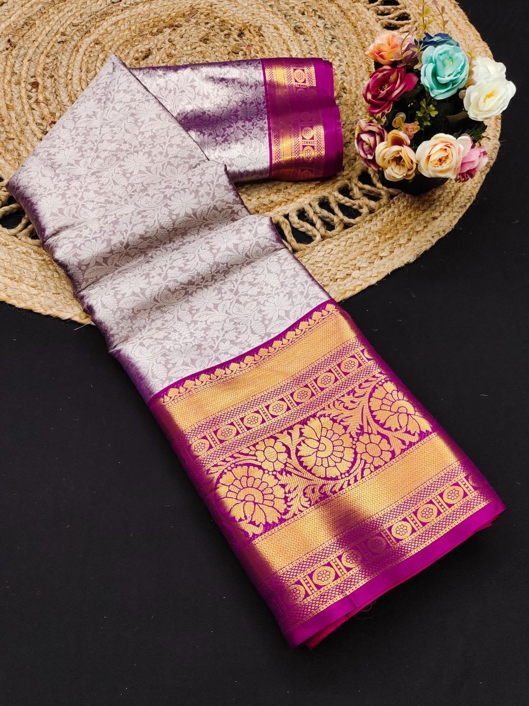 

Mitera Woven Design Zari Pure Silk Kanjeevaram Saree, Purple