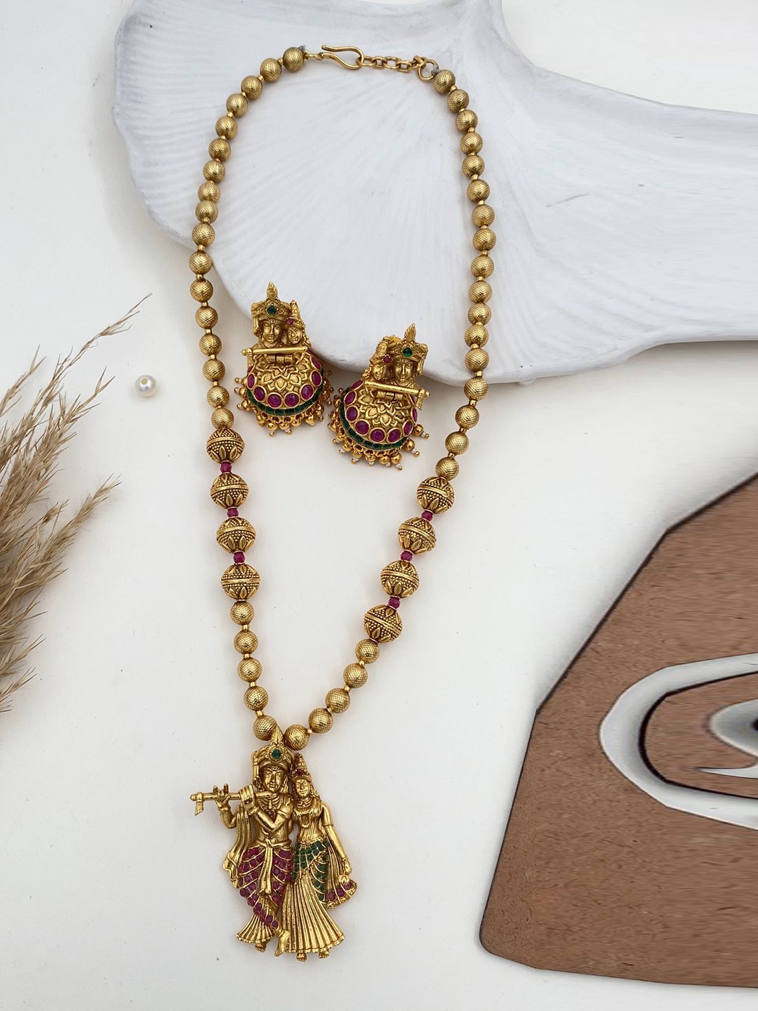 

Rare Bello Gold-Plated Stone Studded & Beaded Radha Krishna Temple Jewellery Set