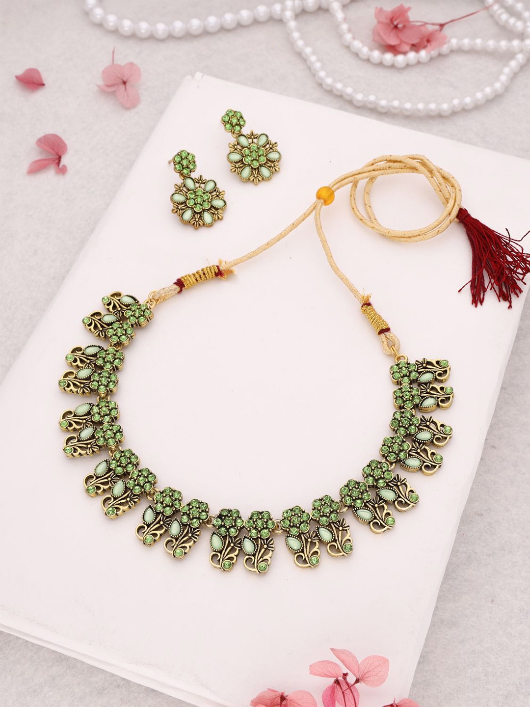

DIVASTRI Set Of 2 Gold Plated American Diamonds Studded Jewellery Set