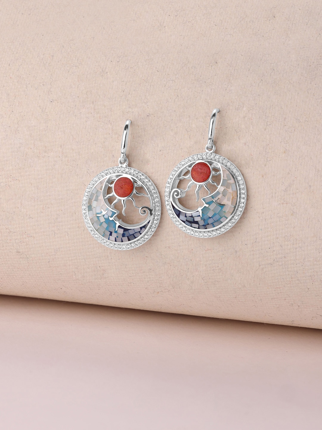 

Mia by Tanishq Mother of Pearls Studded Sunny Circular Shaped Drop Earrings, Silver