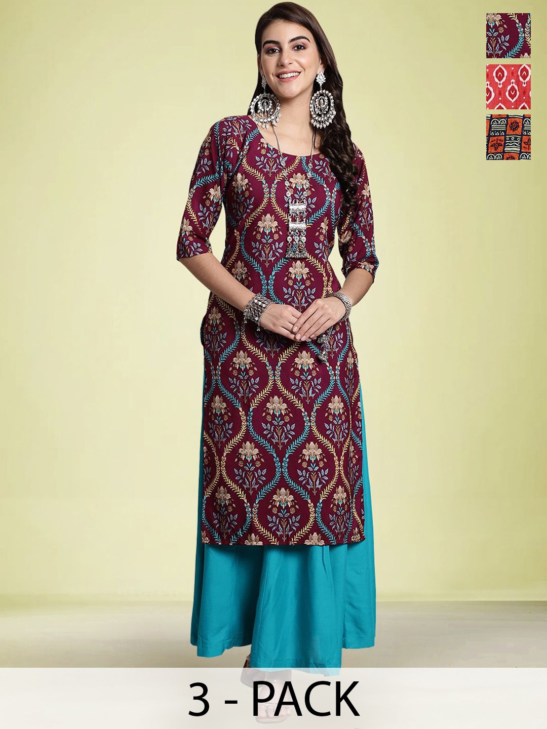 

Moda Rapido Selection Of 3 Floral Printed Round Neck Straight Kurtas, Maroon