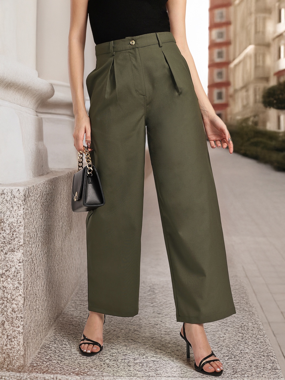 

glitchez Women Smart & Captivating Relaxed Fit Pleated Wide Leg Trousers, Olive