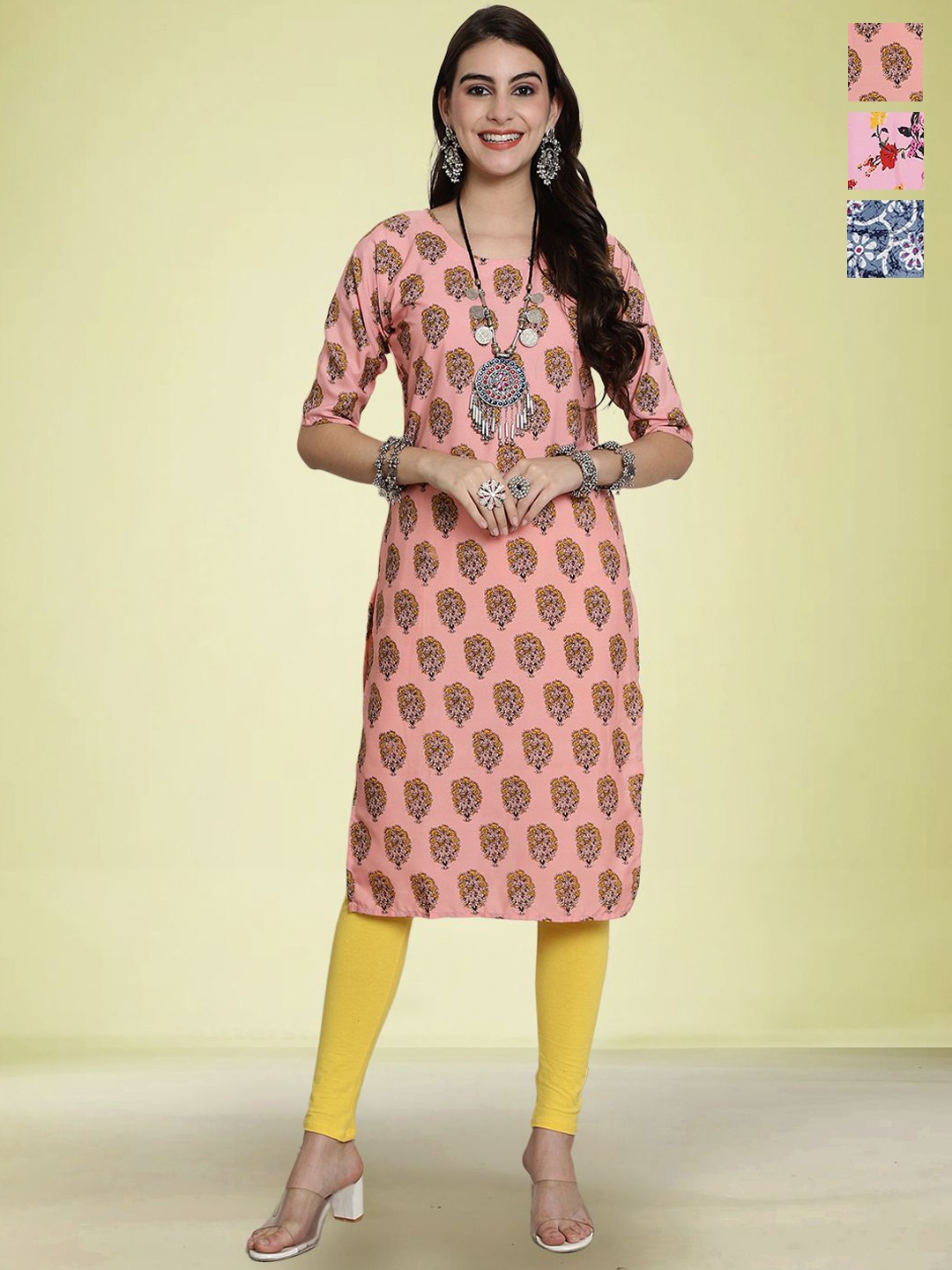 

Moda Rapido Selection Of 3 Floral Printed Round Neck Straight Kurtas, Pink
