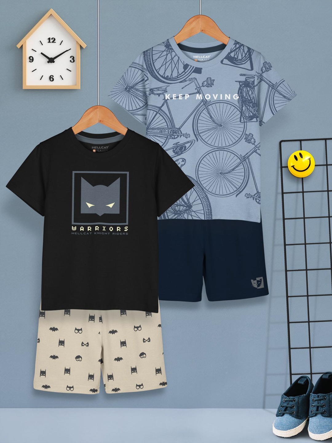 

HELLCAT Boys Pack of 2 Printed Round Neck T-Shirts With Shorts, Black