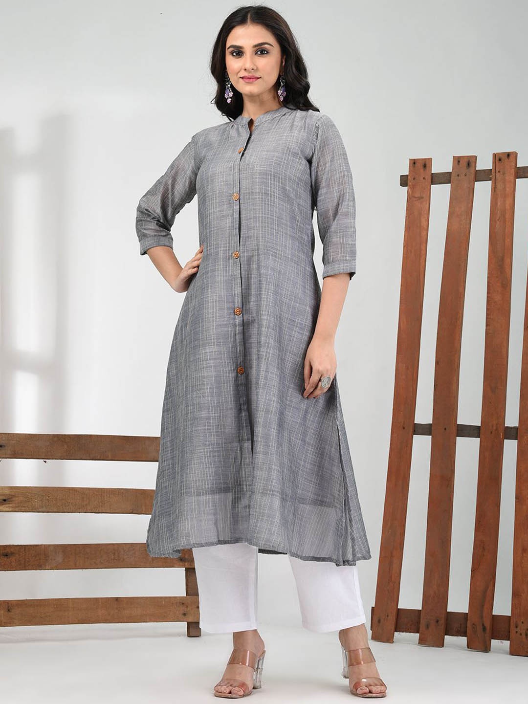 

Charukriti Woven Design Mandarin Collar A-Line Cotton Kurta, Grey