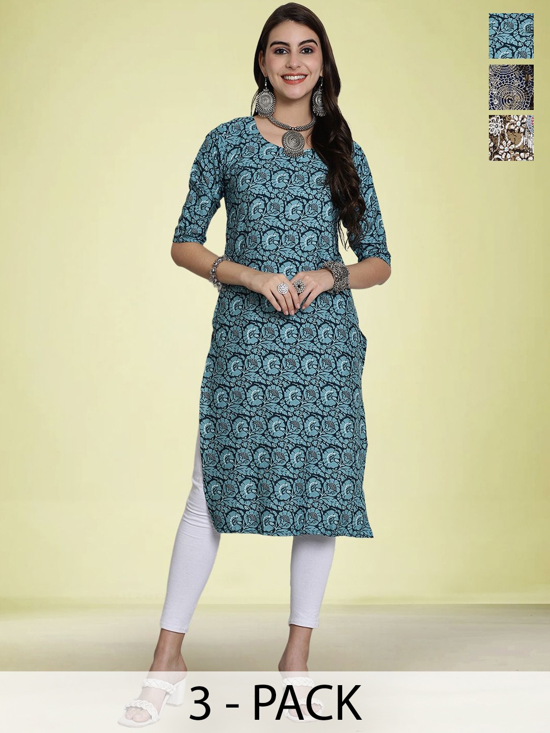 

Moda Rapido Selection Of 3 Floral Printed Round Neck Straight Kurtas, Blue