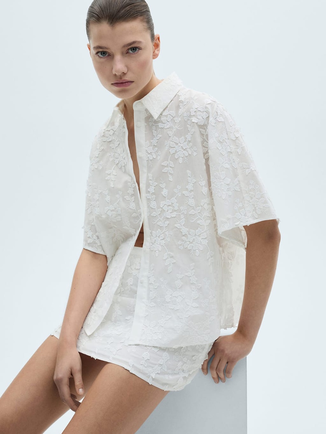 

MANGO Floral Embroidered Pure Cotton Shirt, White