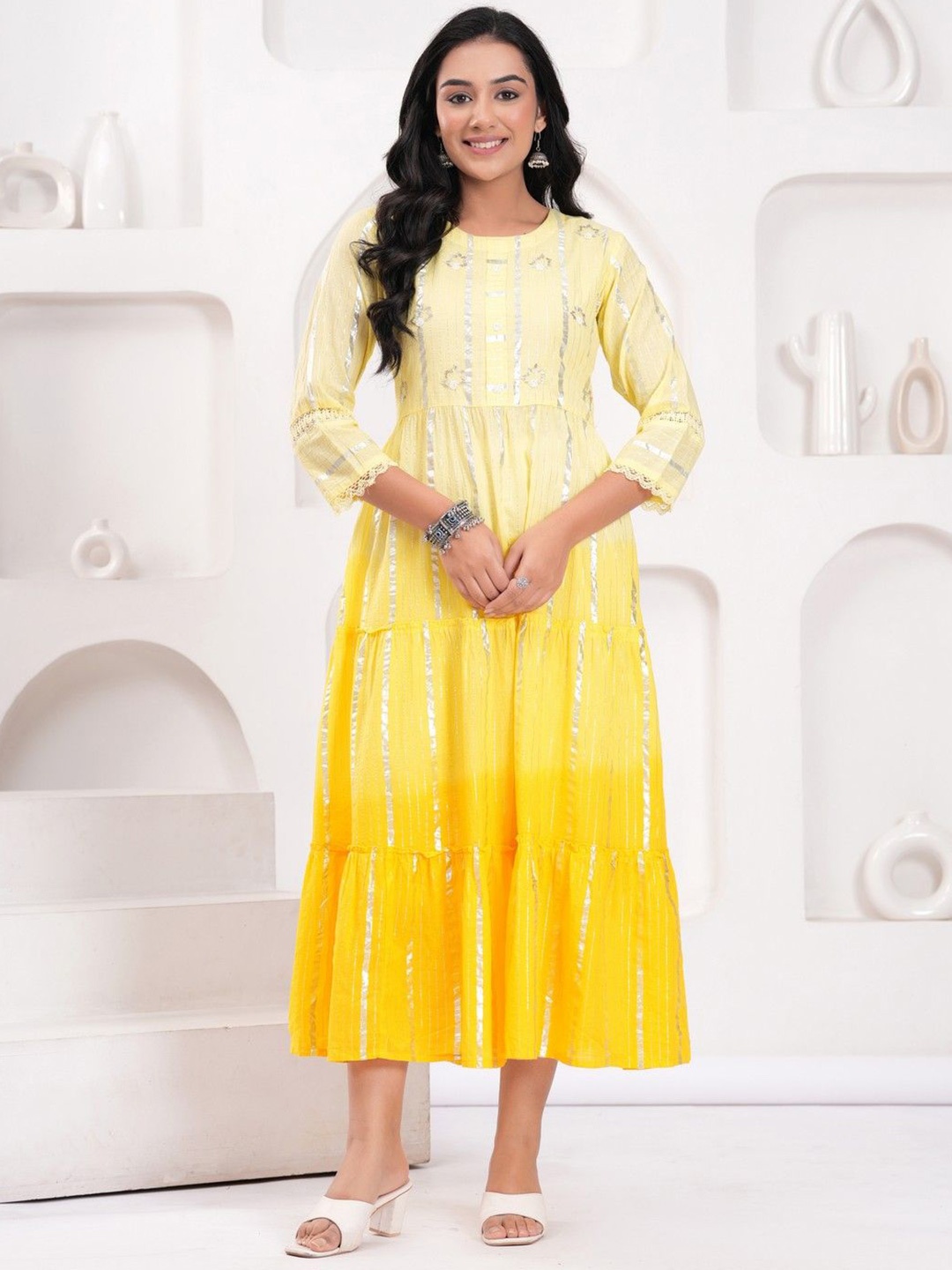 

Sarai Women Cotton Lurex Dyed Ombre Tiered Fit & Flared Dress, Yellow