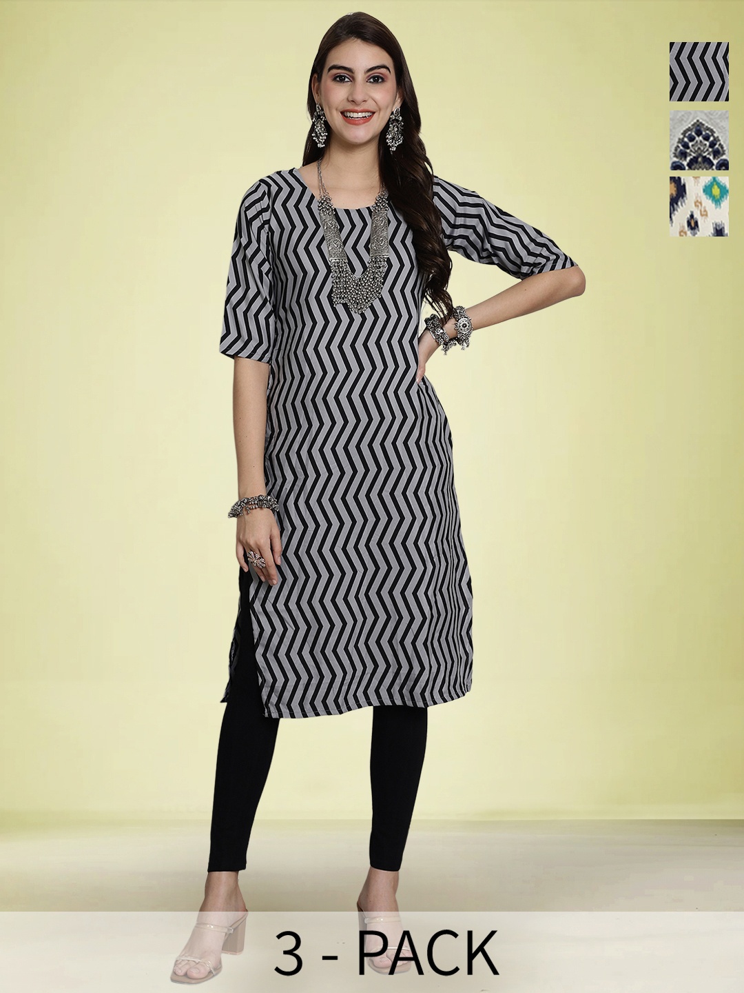 

Moda Rapido Selection Of 3 Chevron Printed Round Neck Straight Kurtas, Black