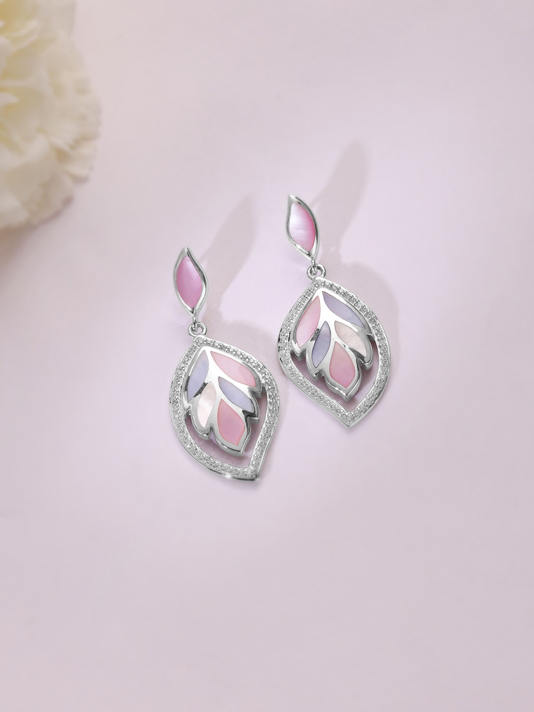 

Mia by Tanishq Mother of Pearls Studded Pastel Leaf Shaped Drop Earring, Silver