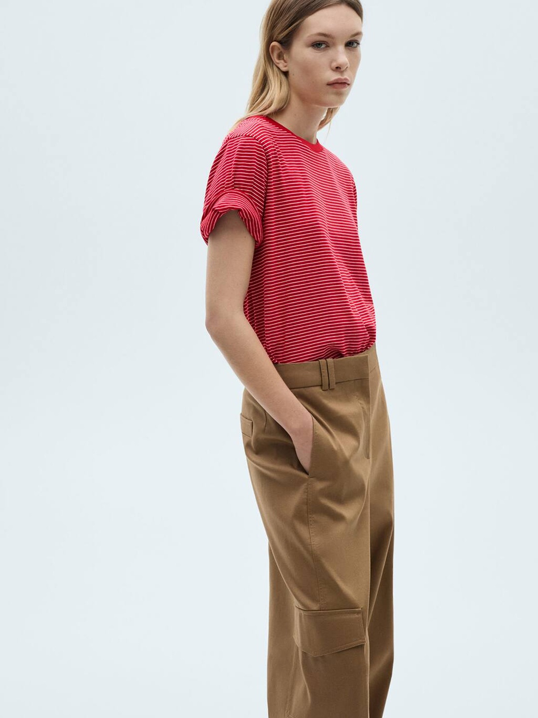 

MANGO Women Striped Pure Cotton T-shirt, Red