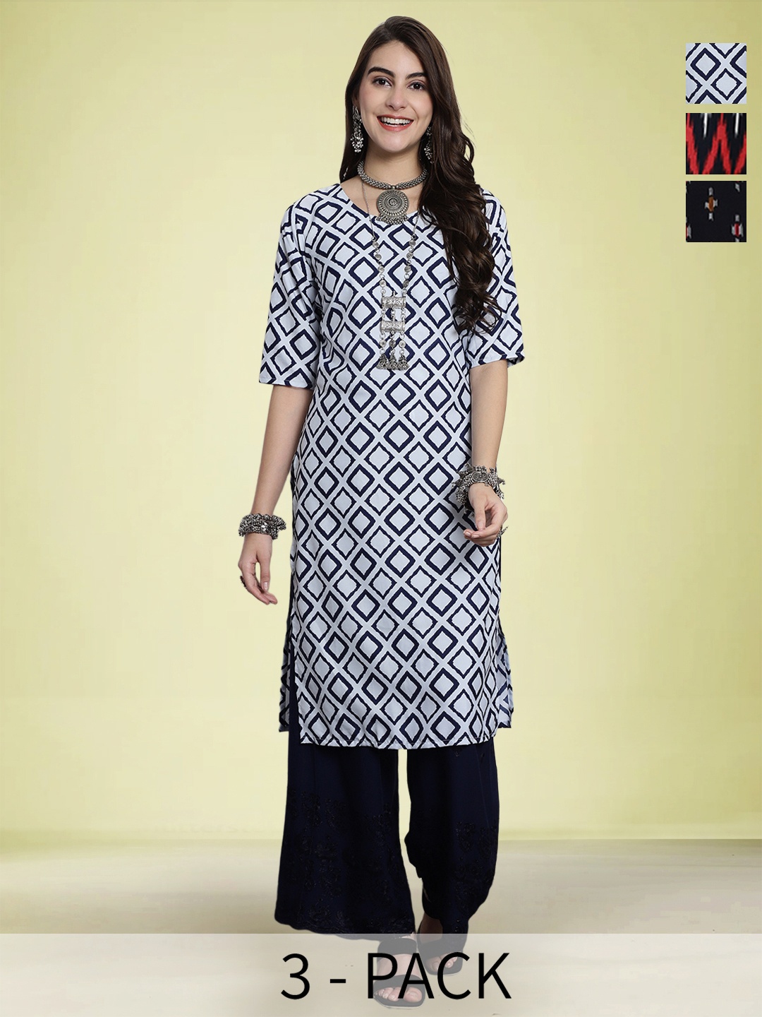 

Moda Rapido Selection Of 3 Geometric Printed Round Neck Straight Kurta, White