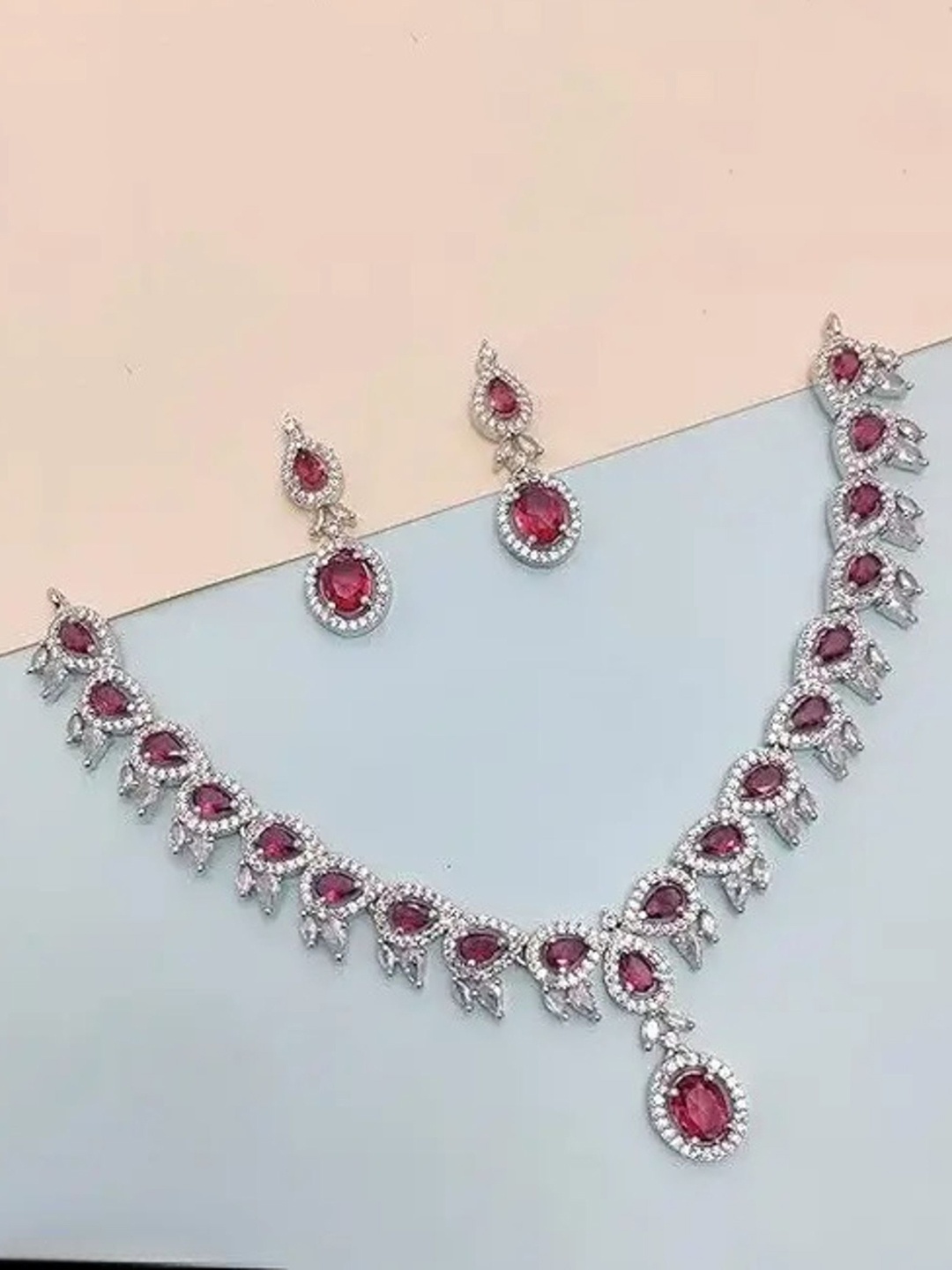 

ROFARWORD Silver-Plated Artificial Stones Studded Traditional Jewellery Set