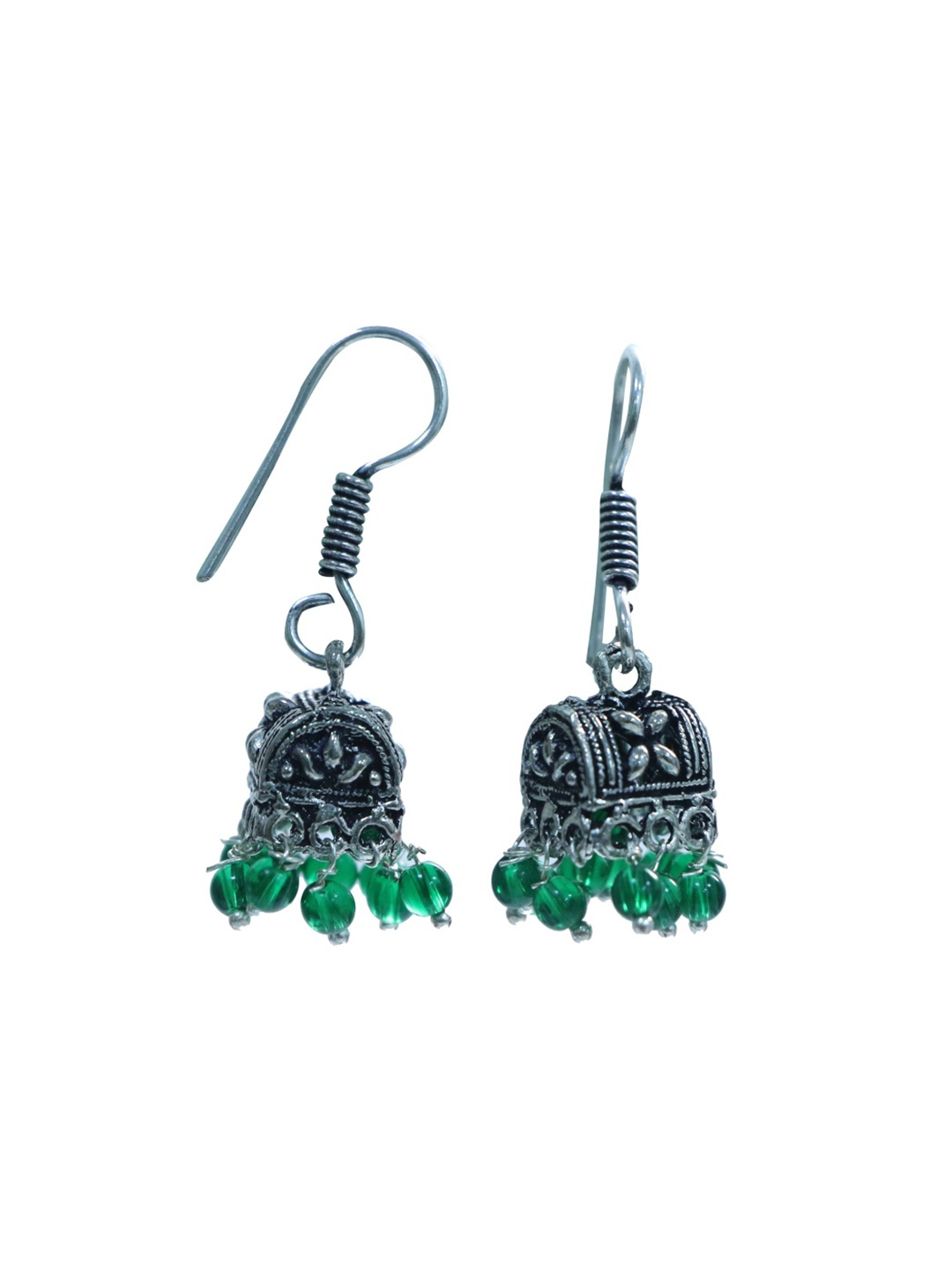 

Abhooshan Silver-Plated Artificial Beaded Oxidised Dome Shaped Jhumkas, Green