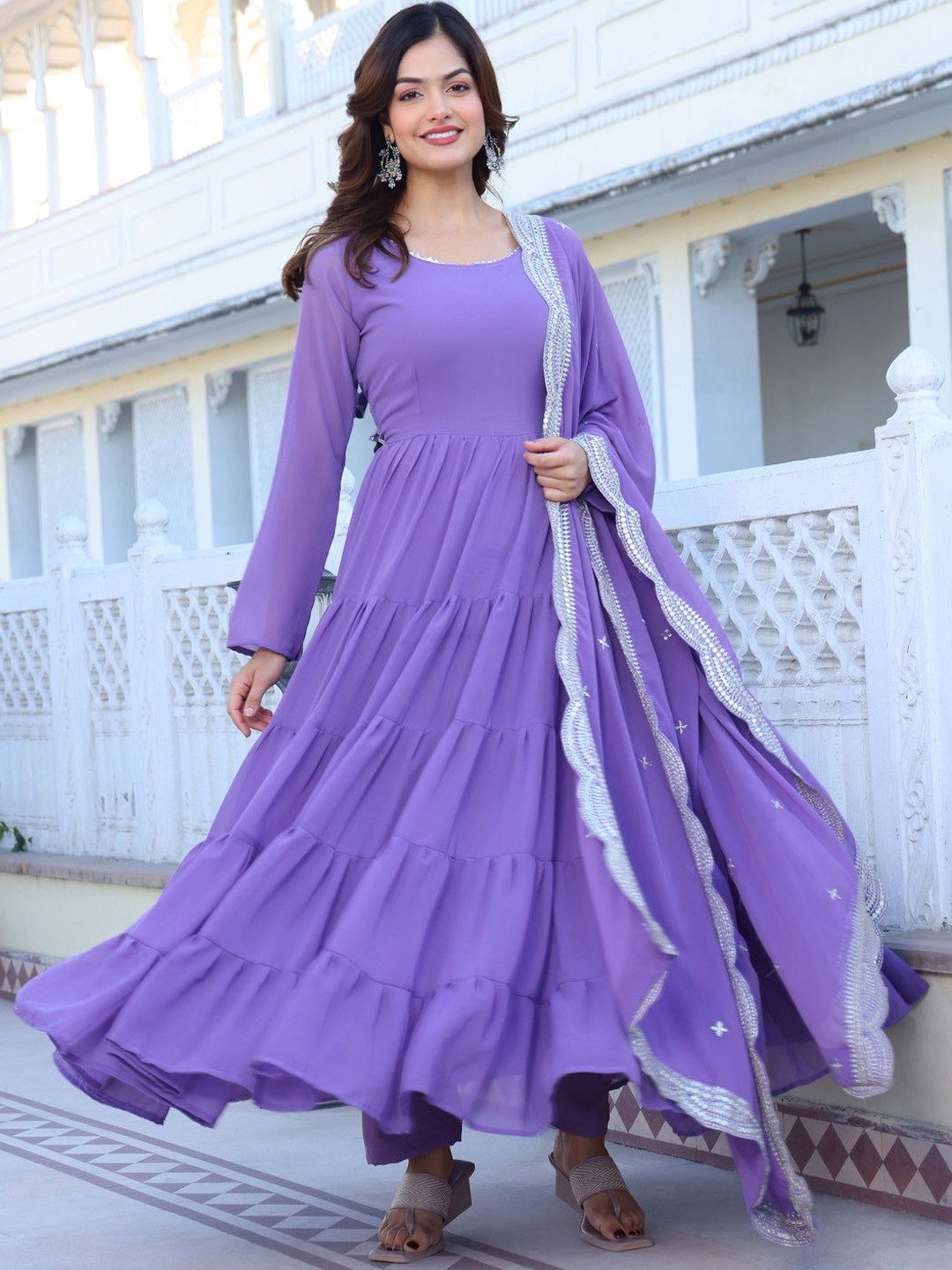 

KALINI Women Layered Thread Work Kurta with Pyjamas & With Dupatta, Lavender