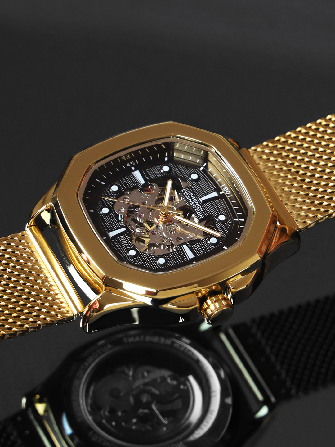 

French Connection Men Patterned Dial & Stainless Steel Bracelet Style Straps Analogue Automatic Watch, Black