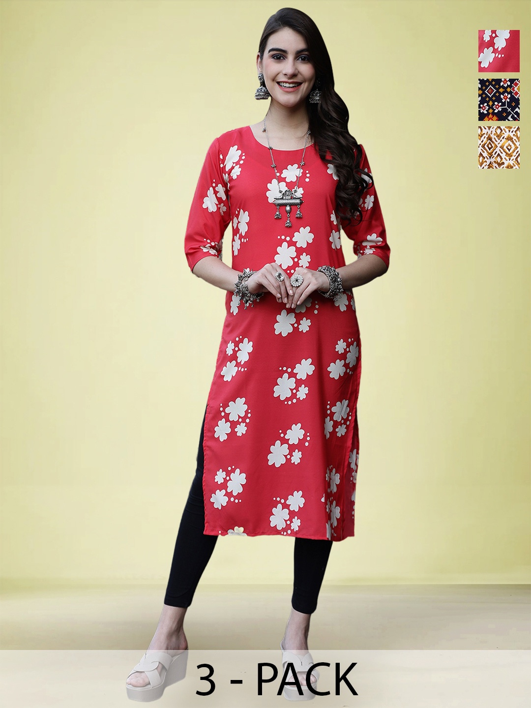 

Moda Rapido Selection Of 3 Floral Printed Round Neck Straight Kurtas, Red