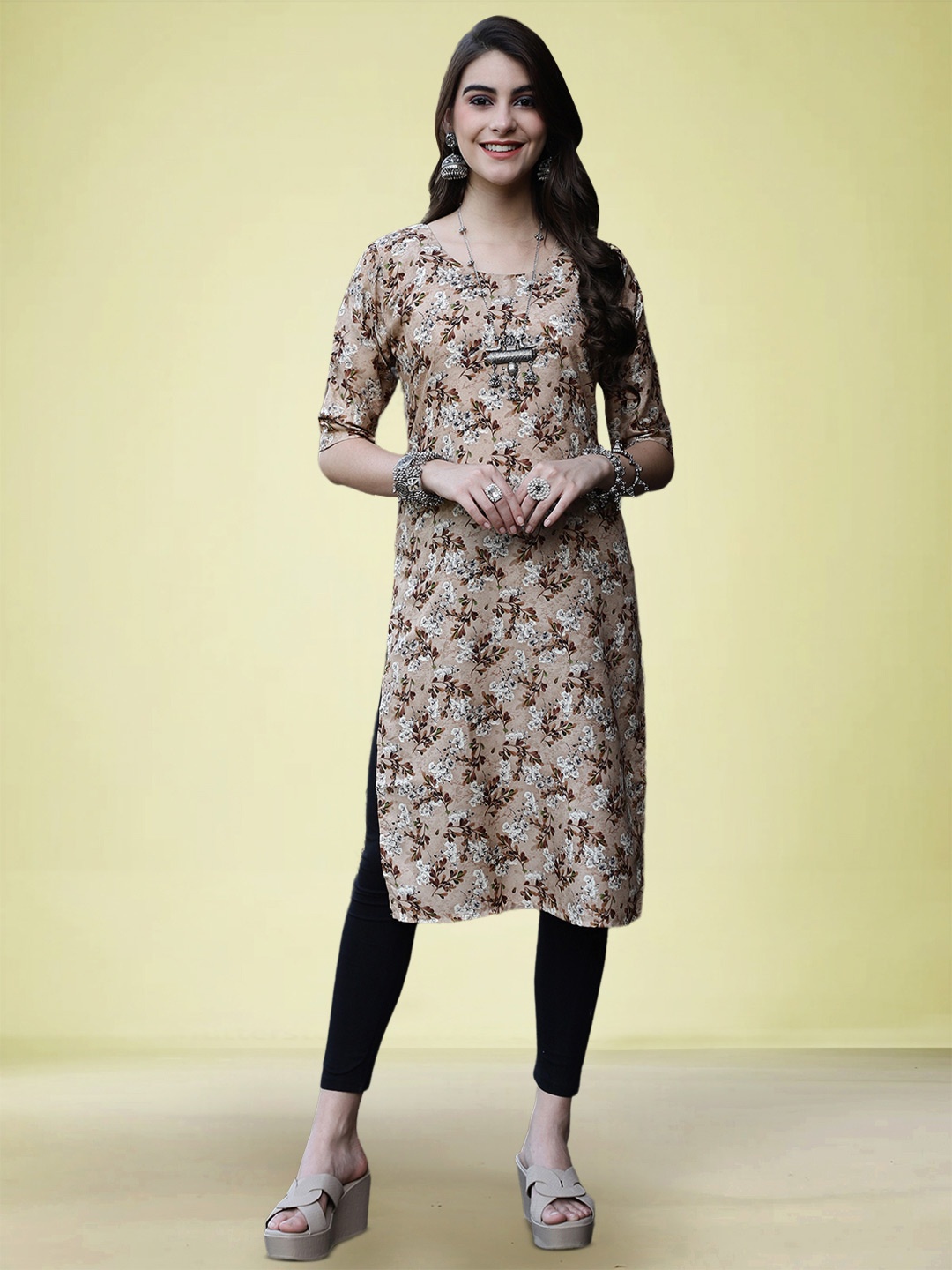 

Moda Rapido Selection Of 3 Floral Printed Round Neck Straight Kurtas, Beige
