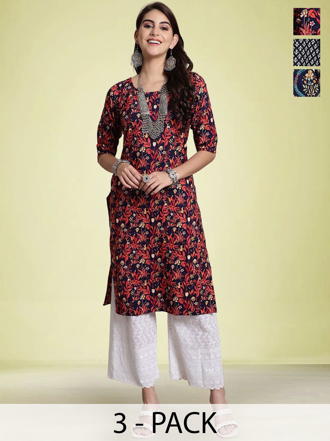 

Moda Rapido Selection Of 3 Floral Printed Round Neck Straight Kurtas, Blue
