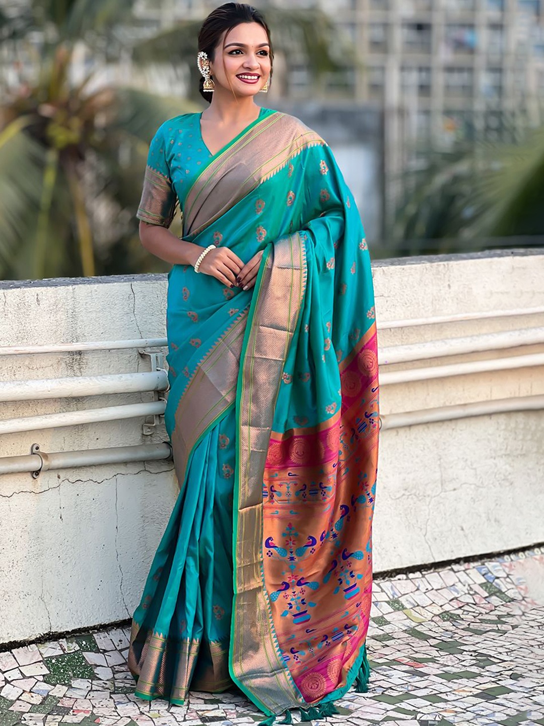 

all about you Woven Design Zari Silk Blend Paithani Saree, Blue