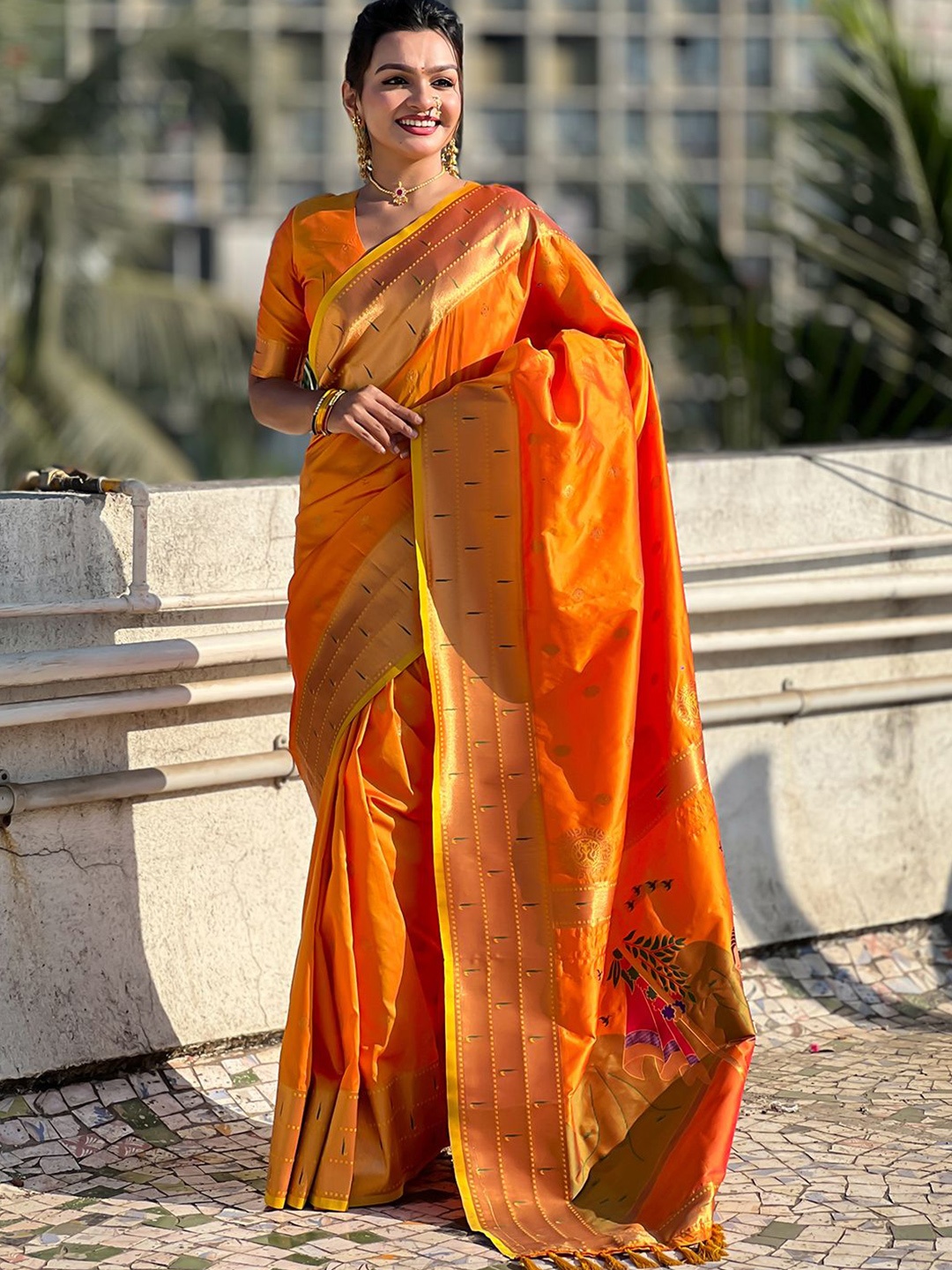 

Panzora Woven Design Zari Silk Blend Paithani Saree, Orange
