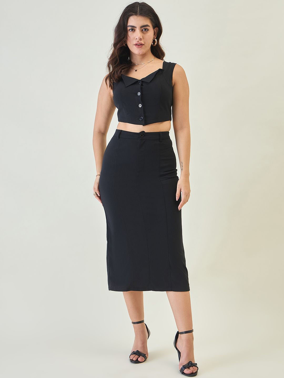 

aayu Square Neck Top With Skirt, Black