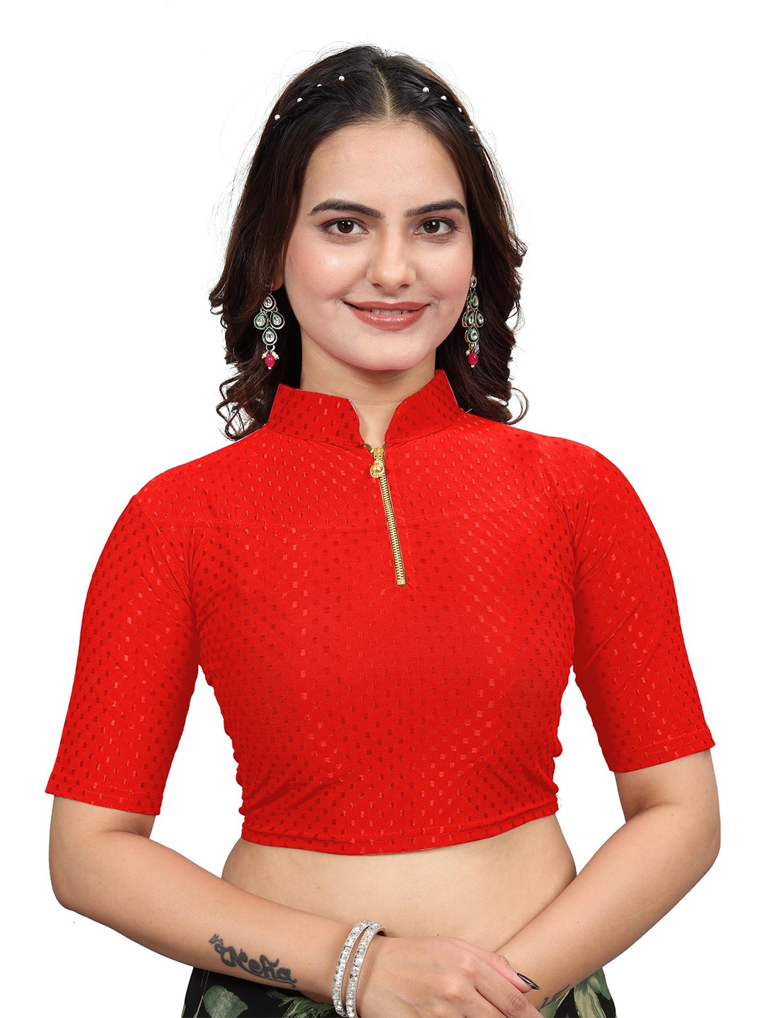 

SS Sanket Synthetics Embroidered Cotton Saree Blouse, Red