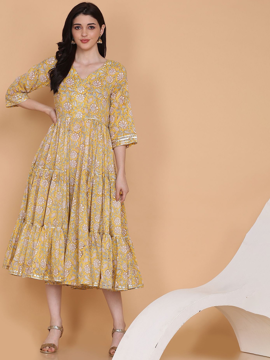 

Fourleaf Floral Printed V-Neck Fit and Flare Midi Cotton Dress, Green