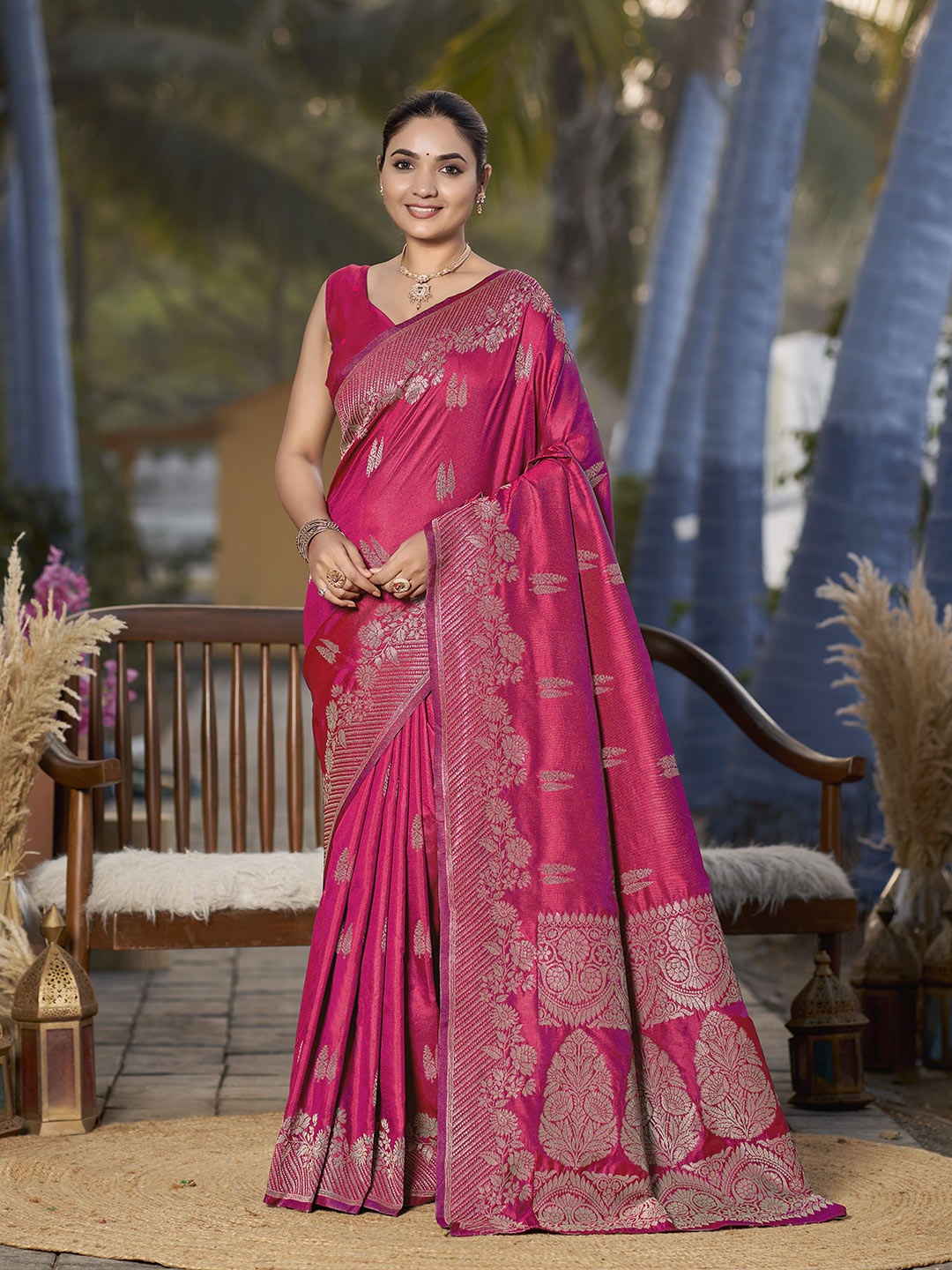 

MANOHARI Woven Design Zari Pure Silk Banarasi Saree, Pink