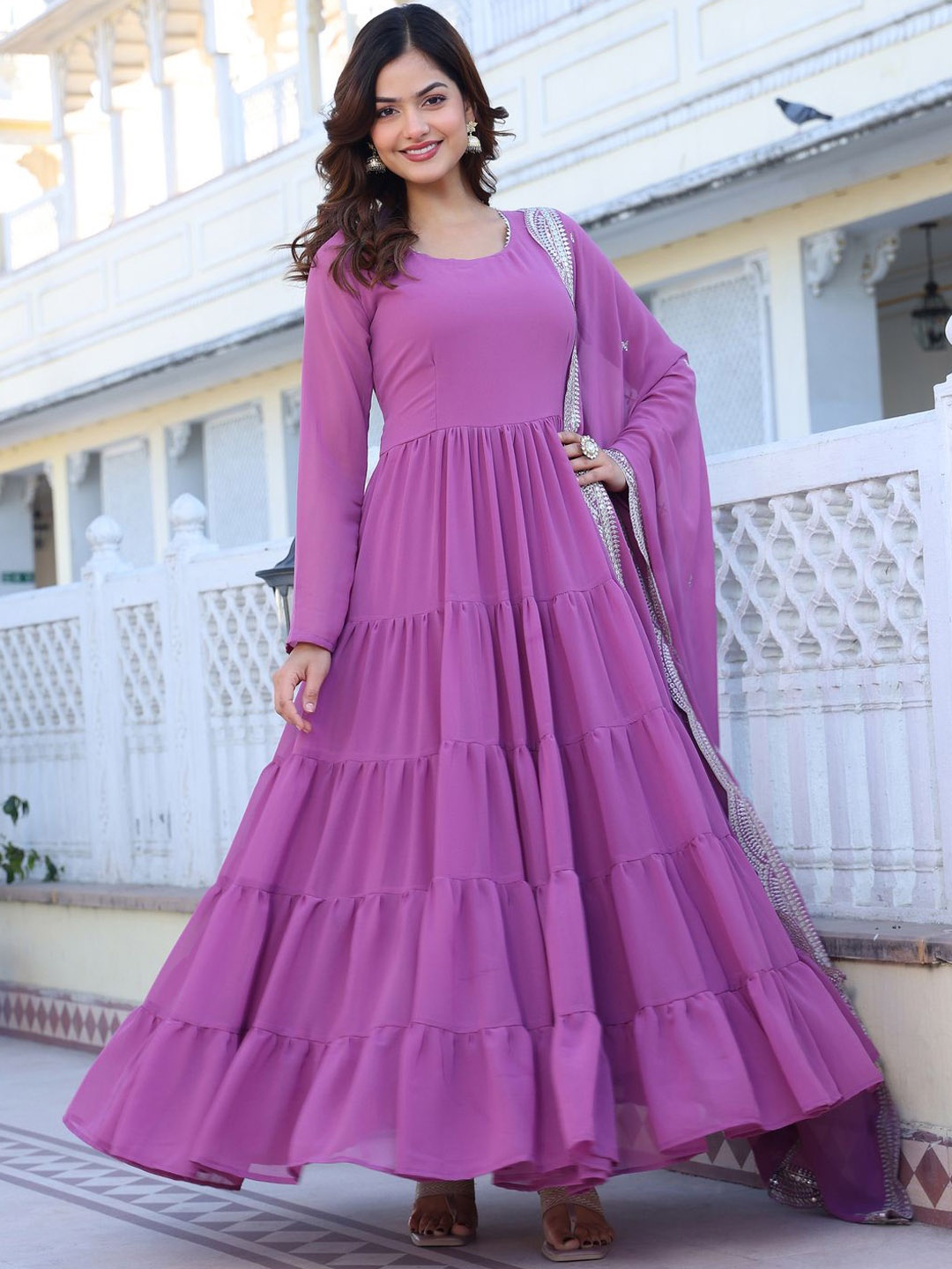 

KALINI Women Tiered Kurta with Trousers & With Dupatta, Purple