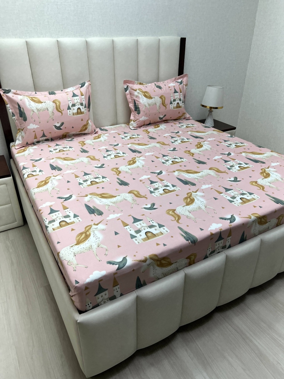 

Pure Decor Pink & White Cartoon Characters 250 TC Queen Bedsheet with 2 Pillow Covers